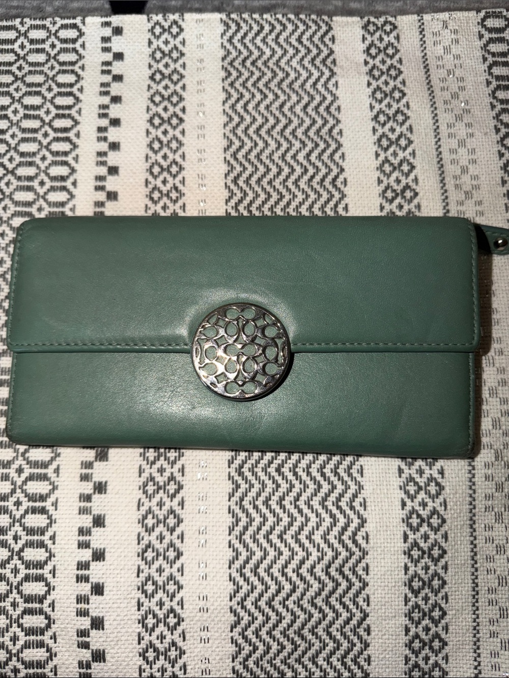 Coach Green Leather Wallet Clutch with Decorative Medallion